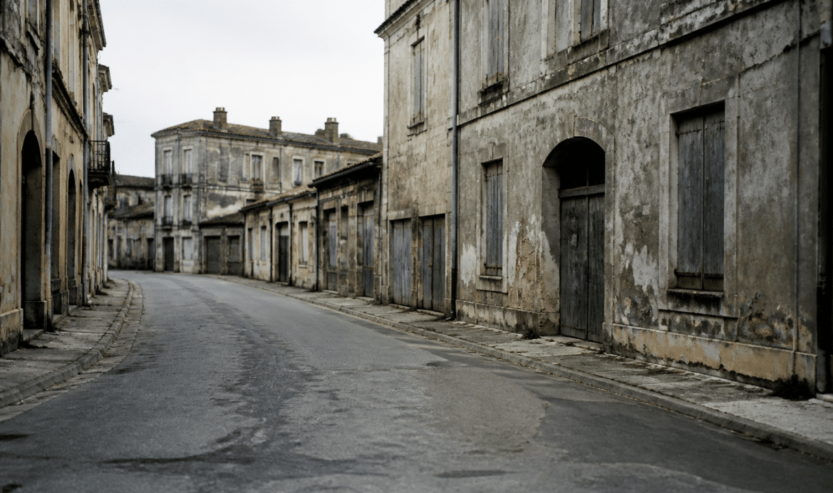 Rues urbaines desertes avec batiments delabres et facades grises