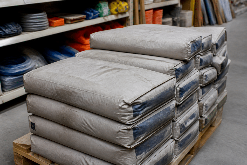 Sac gris de ciment de trente-cinq kilos en magasin construction