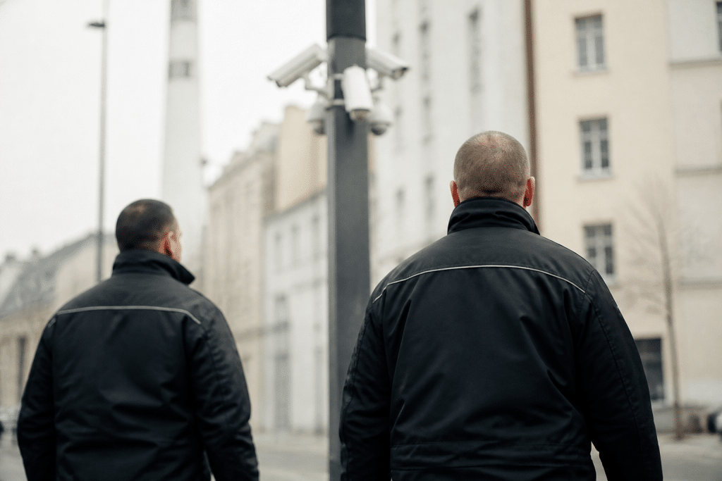 Agents de securite en patrouille devant camera surveillance urbaine