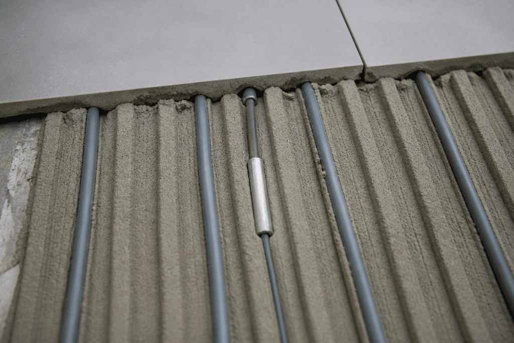 Sonde temperature positionnee entre cables chauffants gris