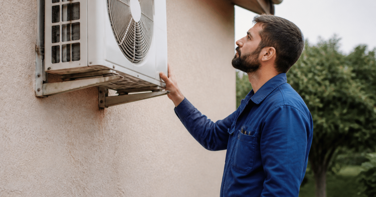 Technicien inspectant unite exterieure pompe chaleur montee au mur