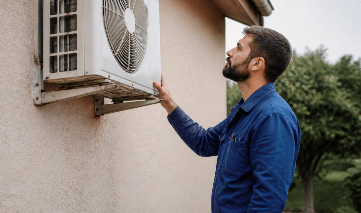 Technicien inspectant unite exterieure pompe chaleur montee au mur