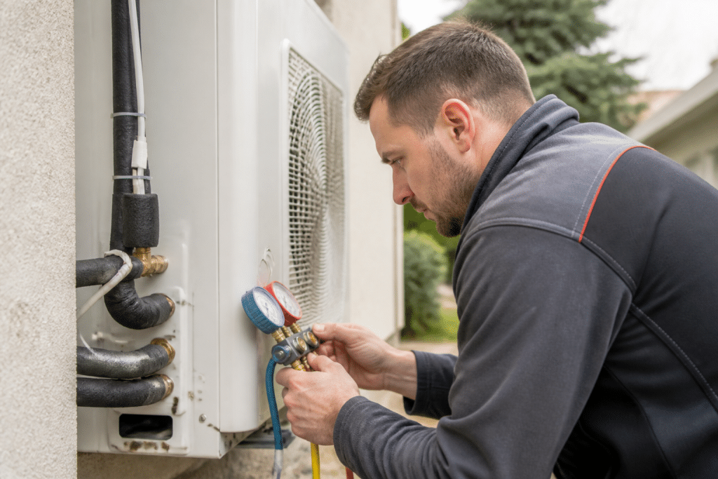 Technicien verifiant fluide frigorigene pompe chaleur installée
