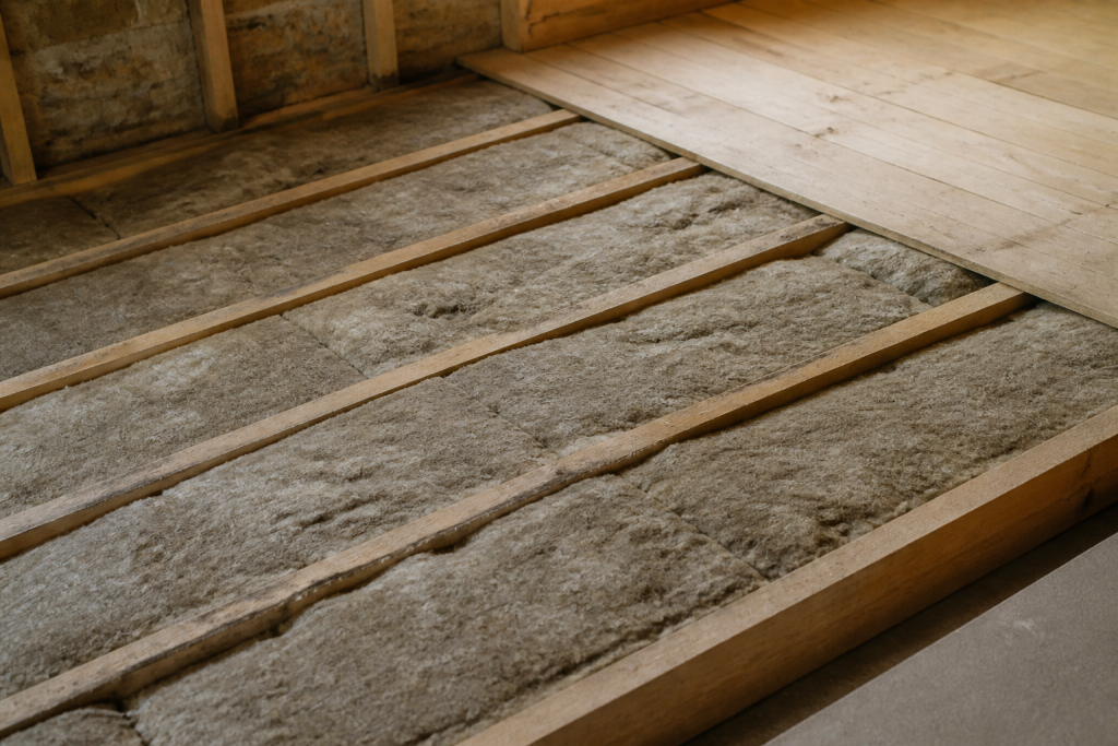 Laine minerale isolation sur plancher bois construction