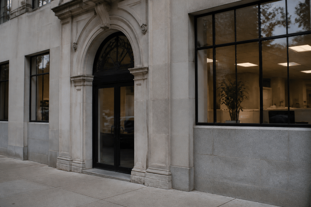 Facade building with stone entrance doors and administrative offices