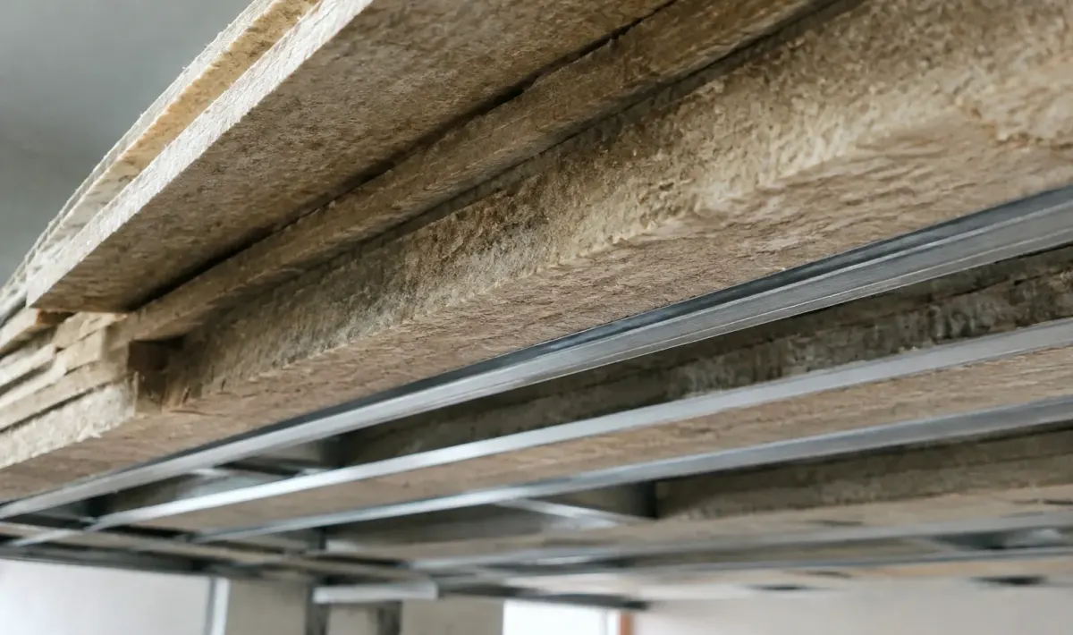 Couches materiaux phoniques empilees structure support horizontal