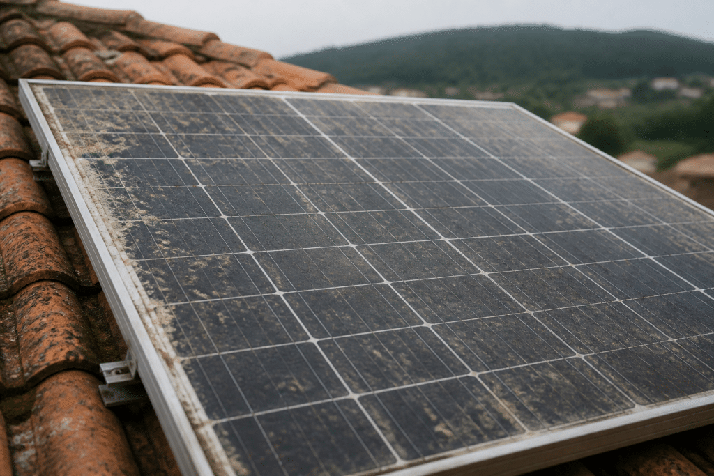 Panneau solaire vieillissant montrant dégradation progressive sur vingt-cinq ans