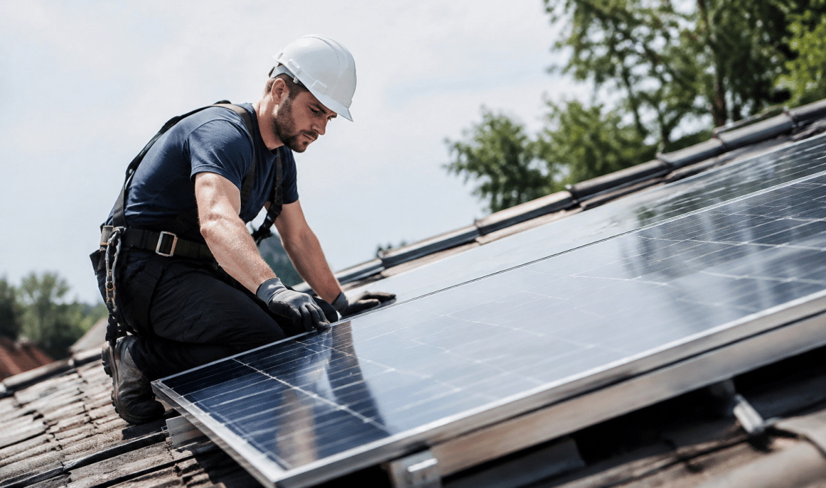 Panneau solaire monte sur toit incline exposant surface brillante
