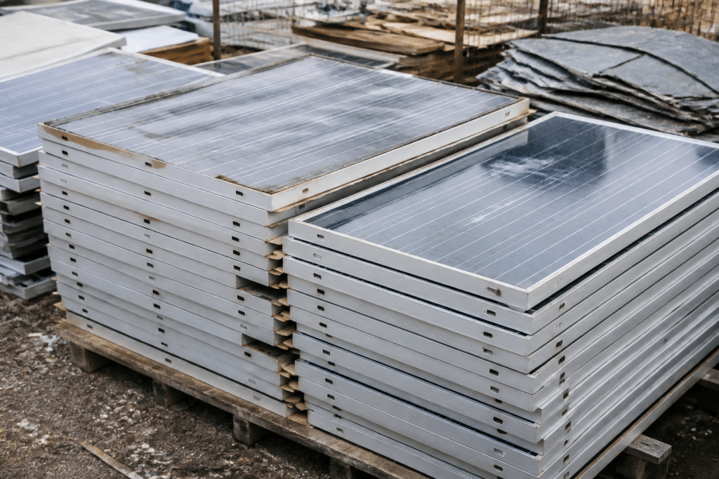 Panneaux solaires usages empiles pour recyclage industriel