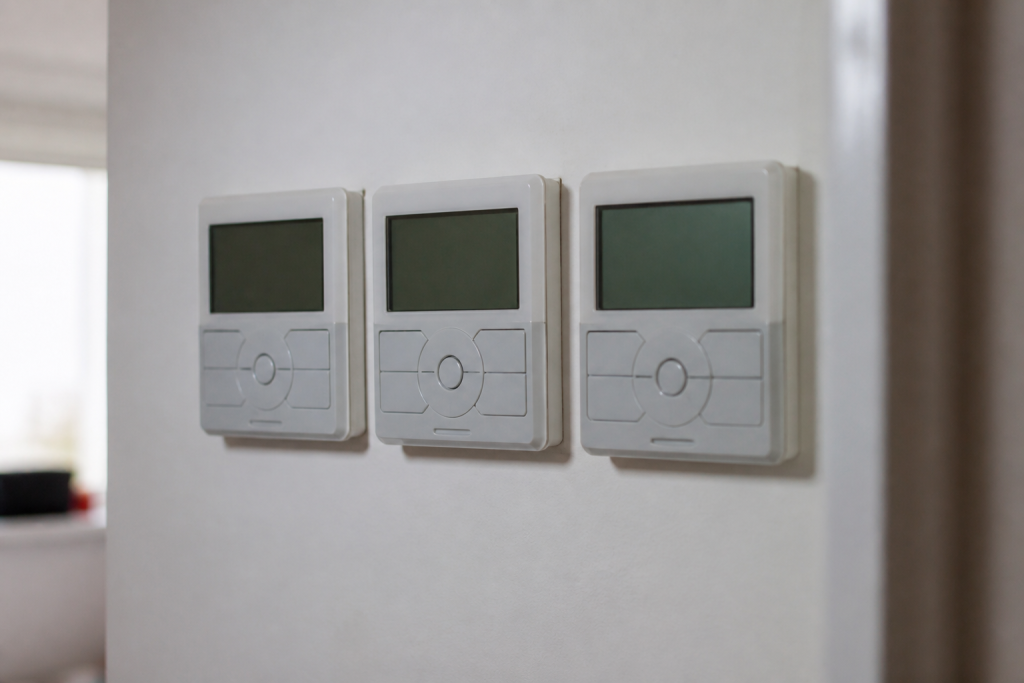 Trois regulateurs de chauffage avec ecrans et boutons
