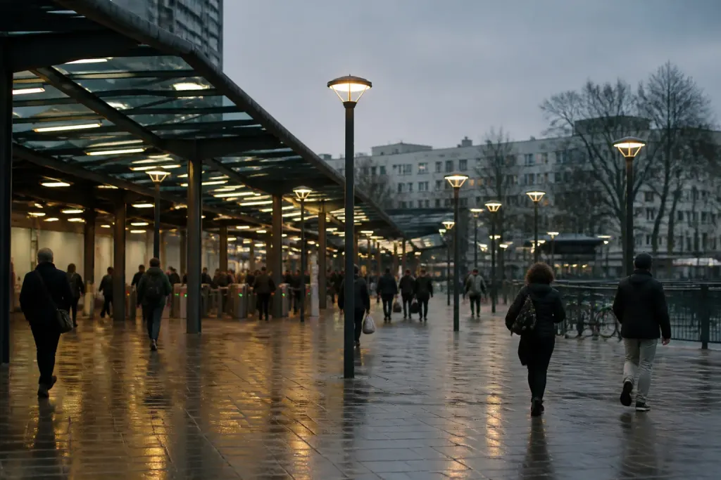 Entree de gare RER avec voyageurs et lampadaires allumes