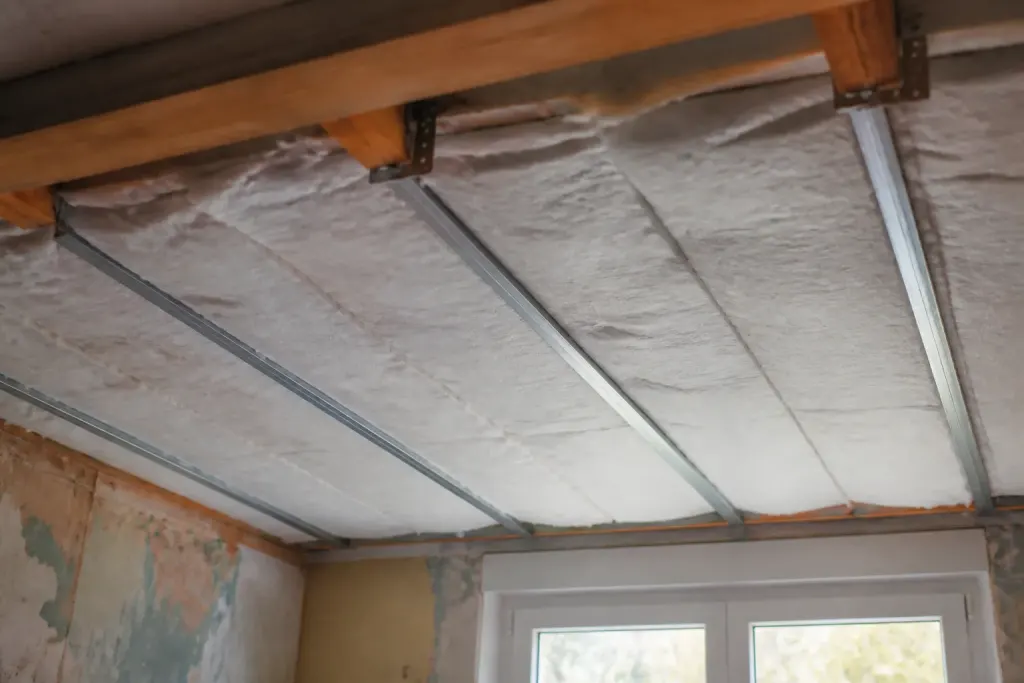 Laine de verre blanche installee sous plafond interieur