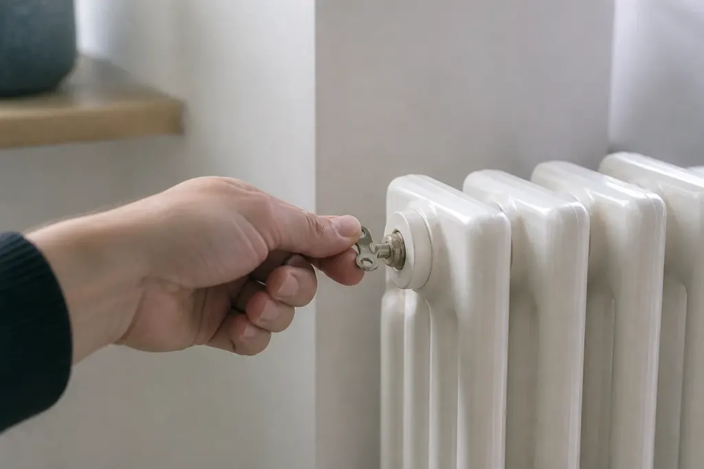 Main utilisant une cle de purge sur radiateur