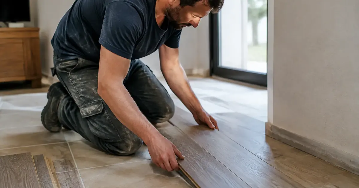 Ouvrier agenouille pose lames de parquet sur carrelage beige