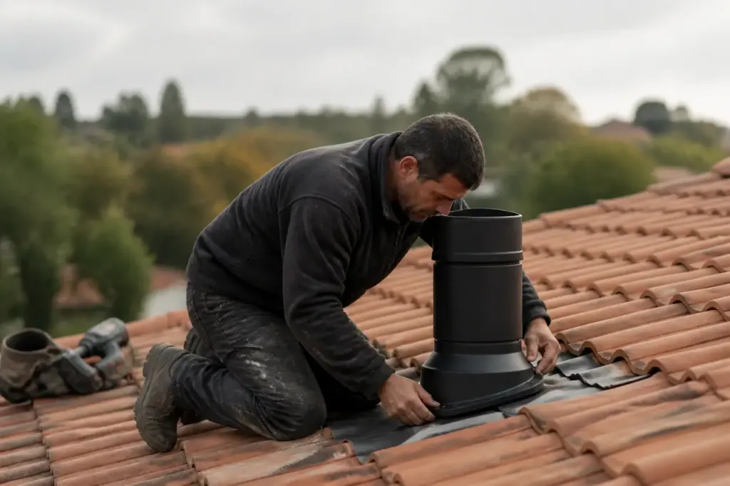 Ouvrier fixant un conduit noir sur toiture en tuiles