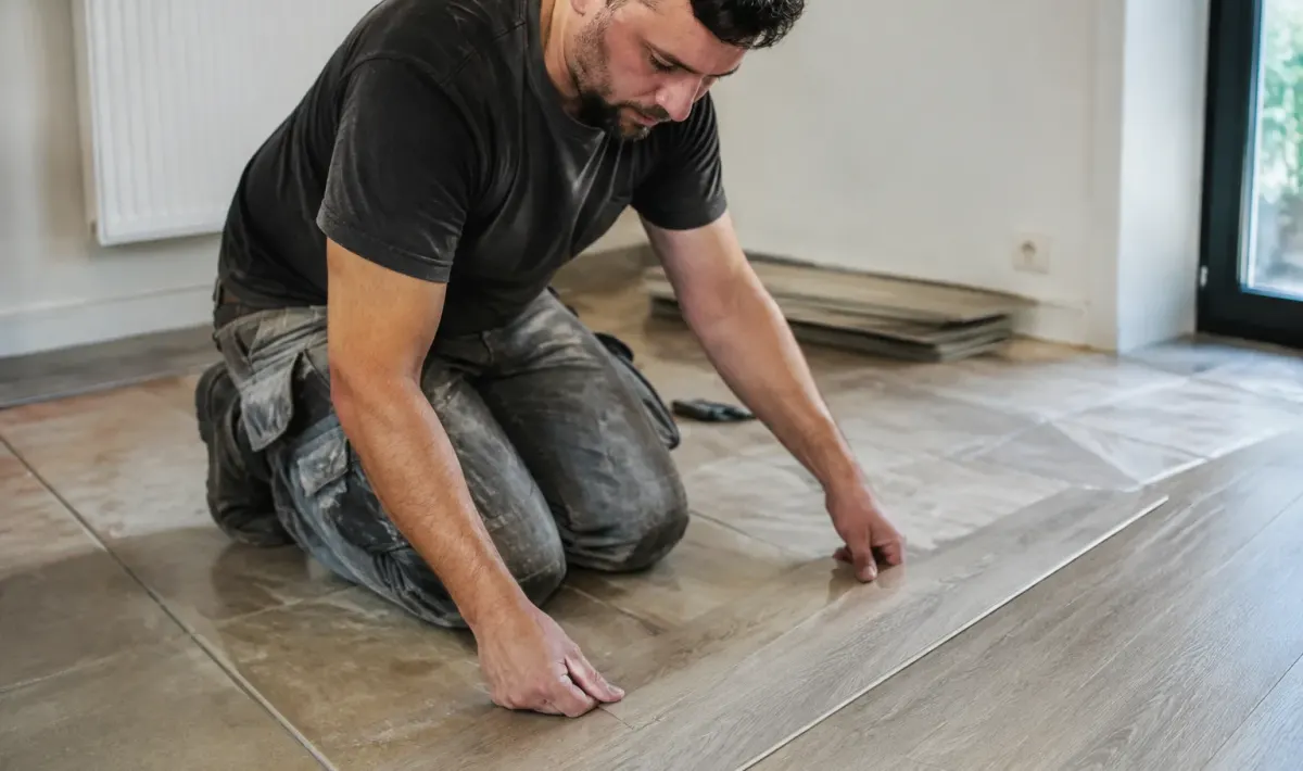 Ouvrier a genoux posant des lames vinyle sur carrelage