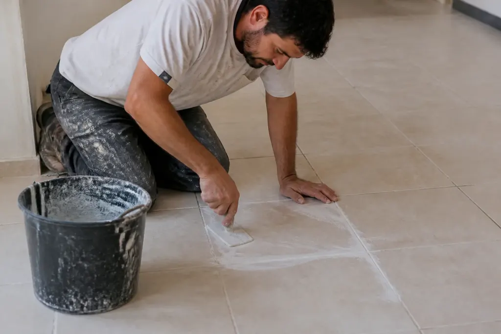 Ouvrier lissant une pate blanche entre carreaux beiges