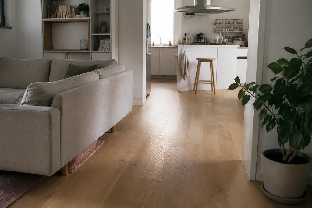 Continuite de parquet chene du salon a cuisine
