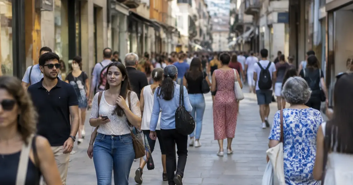 Pietons nombreux se deplacant rue pietonne centrale