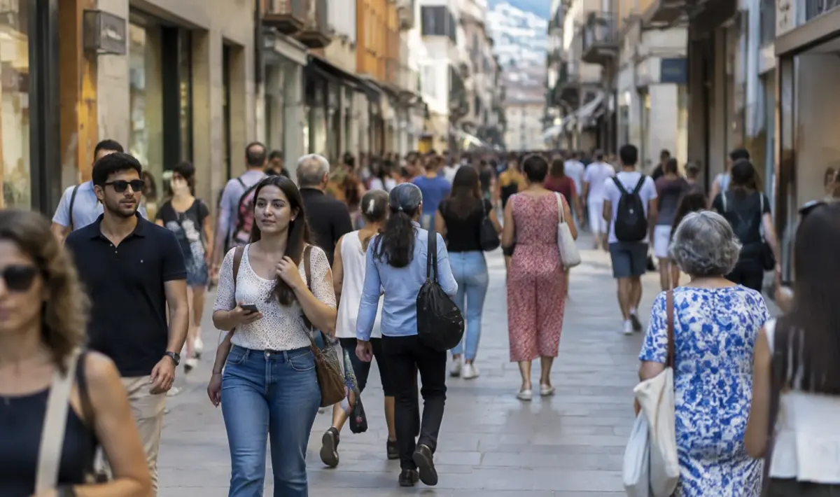 Pietons nombreux se deplacant rue pietonne centrale