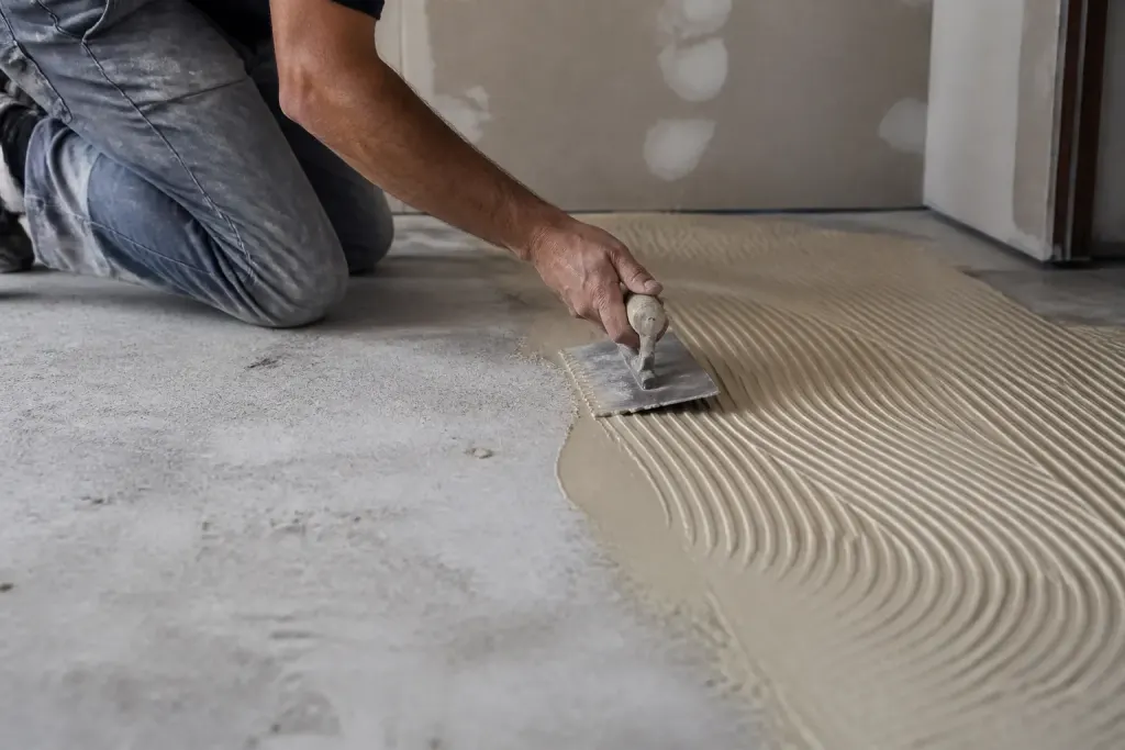Poseur etale colle beige avec spatule sur chape ciment