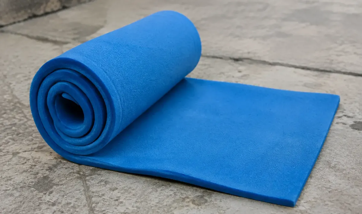 Rouleau de mousse bleue ouvert sur dalle beton grise
