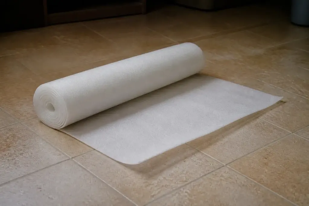 Rouleau de sous-couche mousse pose sur carrelage beige