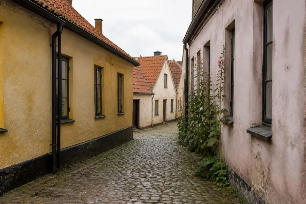 Petite rue europeenne avec maisons basses et paisibles
