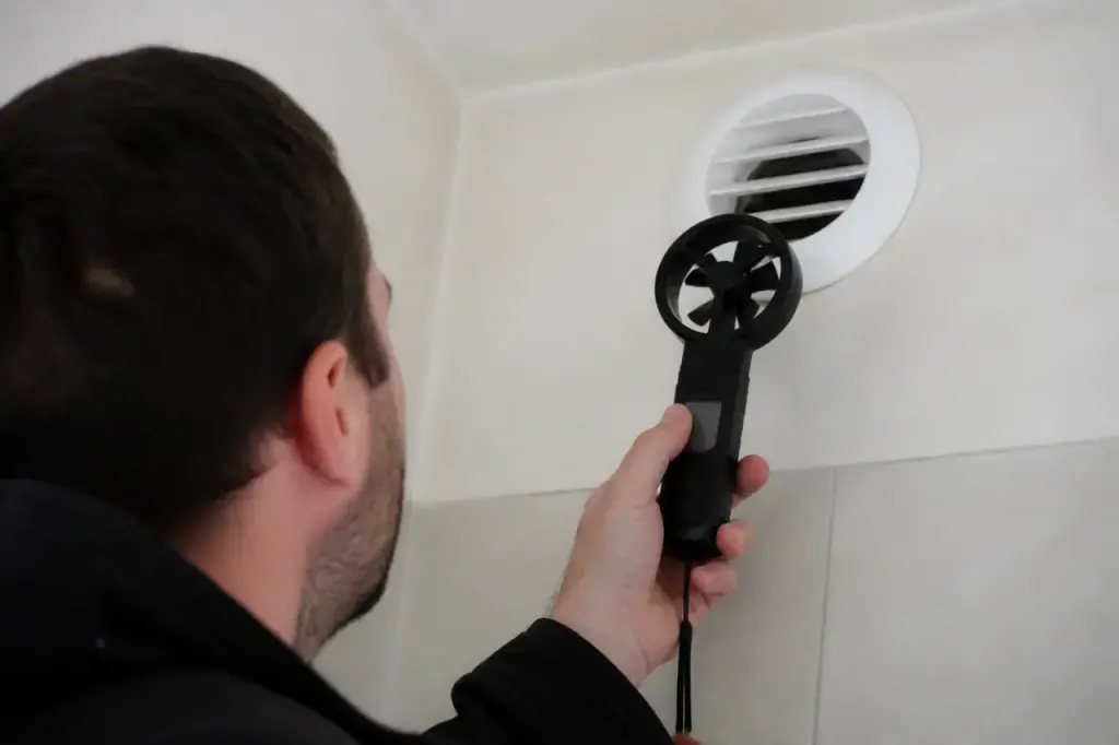 Technicien tenant un anemometre devant une bouche VMC blanche