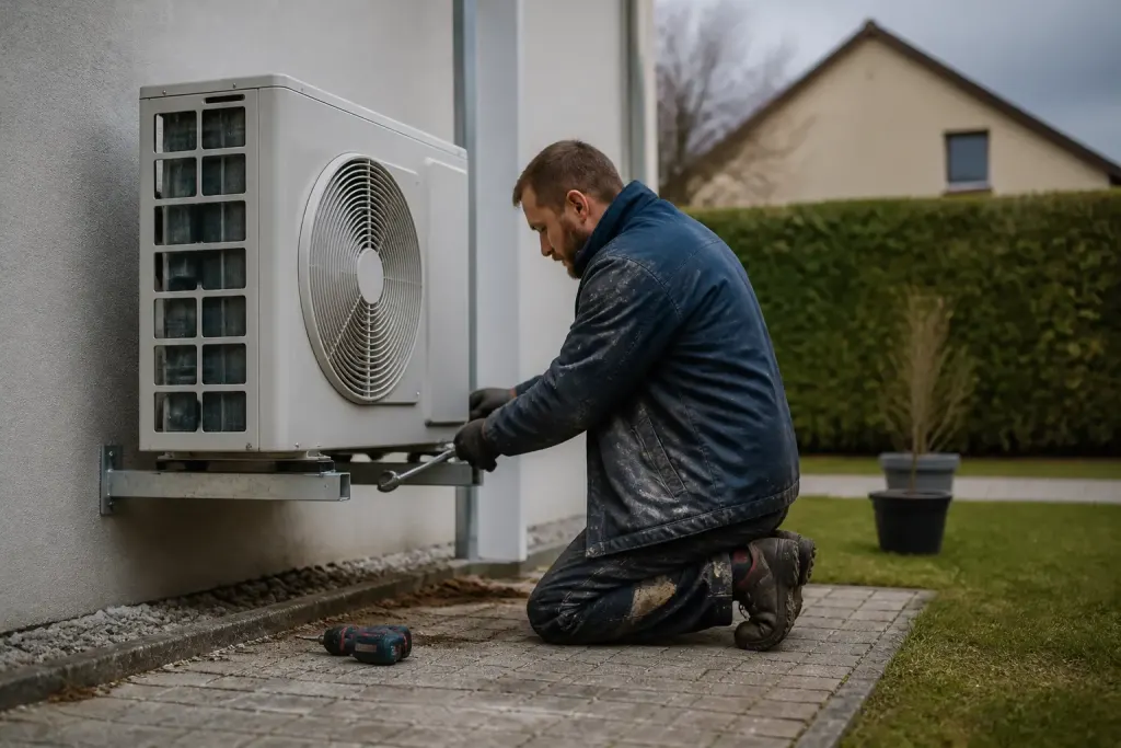 Technicien fixant unite exterieure pompe a chaleur devant maison