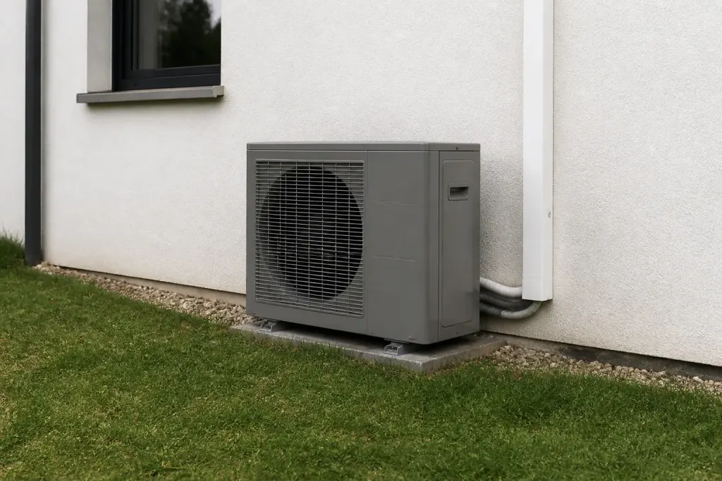 Unite exterieure grise fixee contre facade enduite blanche